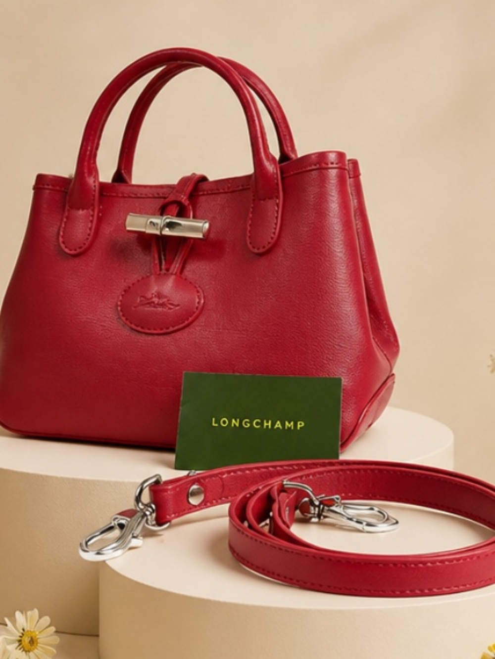 Authentic Longchamp Rozo Red Leather Tote with Top Handles.